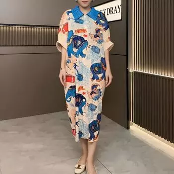 Мятое весенне-летнее новое тонкое и модное женское универсальное длинное женское платье с лацканами One Size синий