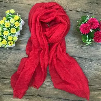 Мятый и бахромчатый шарф из хлопка и льна, универсальный для женщин на осень и зиму, однотонный платок для головы, шелковый шарф, шаль, женский шарф 180 * 90cm