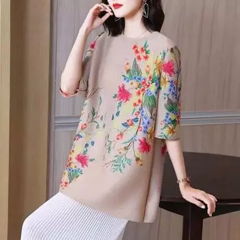 Мятый топ темперамента, новый летний модный стиль, уменьшающий возраст принт в западном стиле с рукавами в четверть, утягивающая футболка M хаки