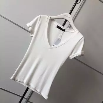 Mr. DMJ All-Match Thread Elastic Top T-shirt with Short Sleeves White S