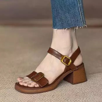 Mr. M, high heels women s new French back empty toe one-word buckle with thick heel leather brown platform sandals 40 светло-коричневого