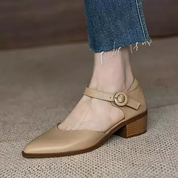 Mr. M summer 2025 medium heel bag head sandals women s French pointed soft leather thick heel one word with hollow single shoes 40 абрикосовый