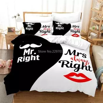 MR MRS Right Queen King Couples 3D Постельное белье Постельное белье Пододеяльник Наволочка Twin Full Queen King Size Текстиль 135x200cm