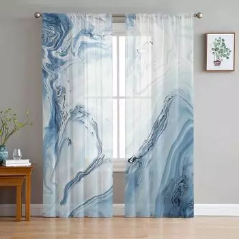 Мраморная жидкая текстура, синяя тюлевая занавеска для гостиной, спальни, кухни, украшение, оконная вуаль, тюлевая занавеска 135W x 114H(cm)