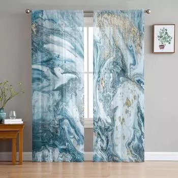 Мраморный синий и золотой абстрактный прозрачный вуаль оконные шторы тюль шторы гостиная балкон украшения шторы 135W x 114H(cm)