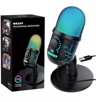 MRSDY игровой микрофон USB компьютерный микрофон конденсаторный микрофон для подкастов для студийной записи потоковая передача YouTube с разъемом для наушников светодиодная подсветка отключение звука