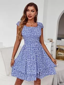 Msfilia летнее хлопковое платье с квадратным воротником и принтом, женские повседневные облегающие платья с короткими рукавами и открытыми плечами с цветочным принтом XL жёлтый