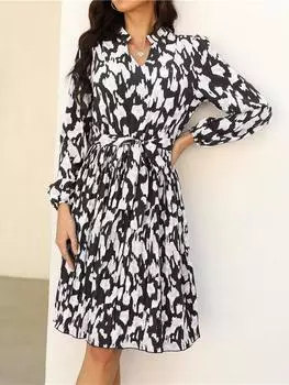 Msfilia женское весенне-осеннее модное плиссированное платье с v-образным вырезом и длинными рукавами, женские платья на шнуровке с высокой талией S чёрный