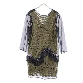 MSGM Итальянский шелк Длинный рукав Прозрачное кружево Цельное платье 40 Хаки x черный Женский Б/у