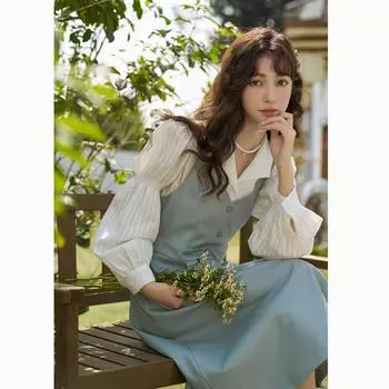 Mshow платье на бретелях для женщин, весенний французский винтажный женский комплект, кожаное платье с отложным воротником, v-образным вырезом, пышными рукавами, женская одежда MXC13L1272 S