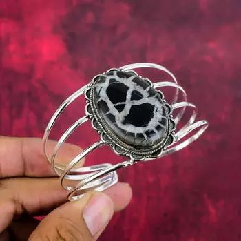 Браслет с ископаемыми камнями и трещинами в грязи, ювелирные изделия из чистого серебра 925 пробы, подарок для женщин, браслет ручной работы Adjustable чёрный