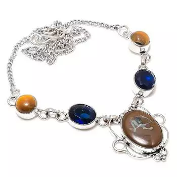 Mud Crack Fossil, Blue Topaz 925 Sterling Silver Jewelry Necklace 18 D9m08 коричневый