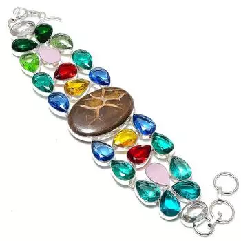 Mud Crack Fossil, Diopside Handmade 925 Sterling Silver Bracelet 7-8 a9G13