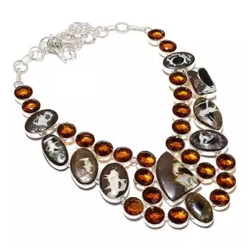 Mud Crack Fossil,Honey Topaz Handmade 925 Sterling Silver Gift Necklace 18 P0E25