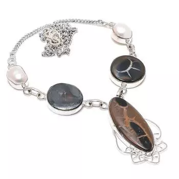 Mud Crack Fossil, Pearl Gemstone 925 Sterling Silver Jewelry Necklace 18 L3E52 коричневый