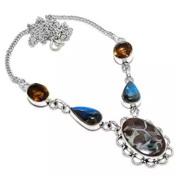 Mud Crack Fossil, Smoky Topaz 925 Sterling Silver Jewelry Necklace 18 n6c21 коричневый