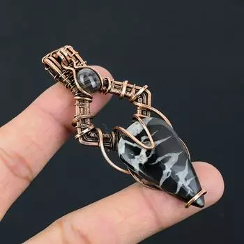Mudcrack Fossil Gemstone Чистая медная проволока Обернутая ювелирная подвеска ручной работы 3.27 Inches чёрный