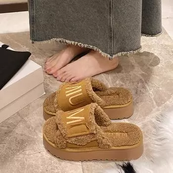 Muffin bottom letter Korean version velvet cotton slippers women wear 2024 autumn thick-bottomed casual one-word fluffy slippers tide 35 чёрный