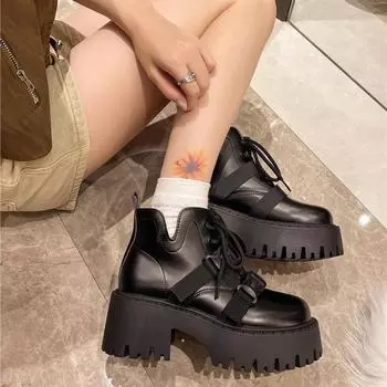 Ботинки Muffin Bottom в стиле ретро со шнуровкой и круглым носком на платформе, женские, осень 2024 года, новые, на толстом каблуке, корейская версия британских локомотивных ботинок 35 матовый черный