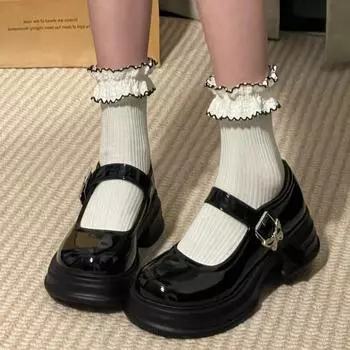 Muffin bottom shallow mouth round head single shoes Mary Jane single shoes leather shoes white Mary Jane shoes sweet 35 чёрный