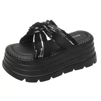 Muffin heel color thick-soled cool slippers women s wear popular round head new summer fashion sequined high-heeled sandals women 34
