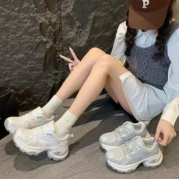 Модные туфли для папы на платформе Muffin, женская обувь 2024 года, подходящая для всех сезонов, со шнуровкой, дышащая, повседневная спортивная обувь, прилив 35 белый