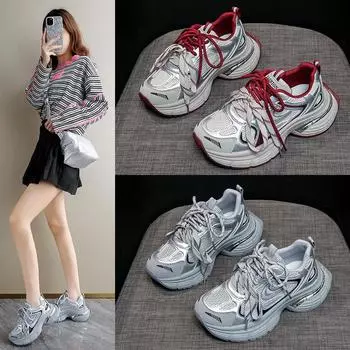 Muffin soft platform red dad shoes 2025 spring new color matching pair of shoelaces sports shoes mesh breathable women s shoes 35 красный