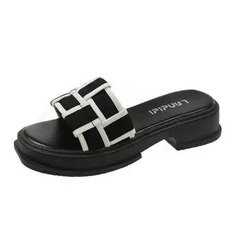 Muffin Thick Bottom French Slippers Women 2024 New Summer Black and White Lattice Color Woven Slipper Shoes for Women 35 чёрный
