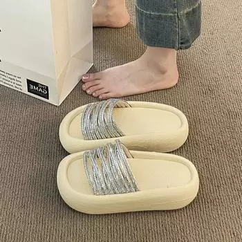 Muffin thick bottom heightening rhinestone cool slippers women s summer wear new versatile temperament beautiful beach one-word drag 35