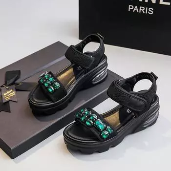 Сандалии Muffin Thick Bottom на липучках, модная верхняя одежда, повседневная обувь на покатом каблуке со стразами для женщин 34 зелёный