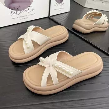 Muffin thick-soled cool slippers women s summer new fashion outer wear sandals pearl cross with beach slippers 35