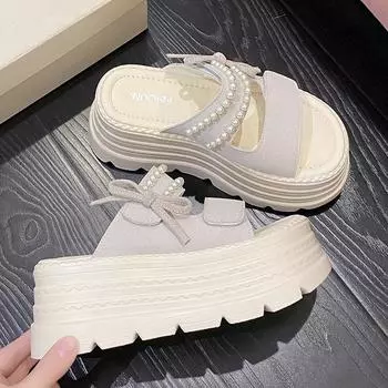 Muffin thick-soled heightening cool slippers women s summer wear new gentle skirt fashion pearl high-heeled sandals 34