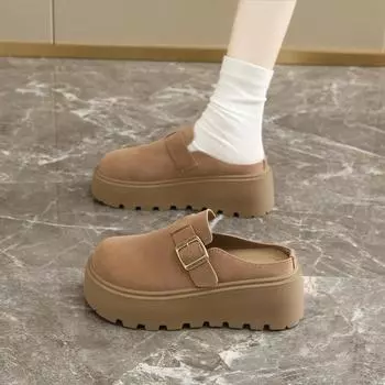 Muffin thick-soled heightening shoes women s bag head half slippers wear new spring and autumn small single shoes 35 хаки