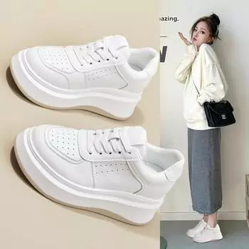 Muffin thick-soled leather little white shoes 2024 spring and autumn new board shoes Korean version versatile fashion heightening casual sports shoes 34 бежевый