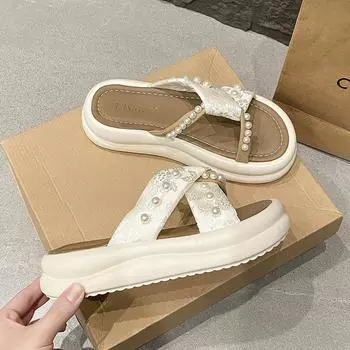Muffin thick-soled pearl slippers women s summer wear new summer skirt embroidery versatile beach cool slippers 35