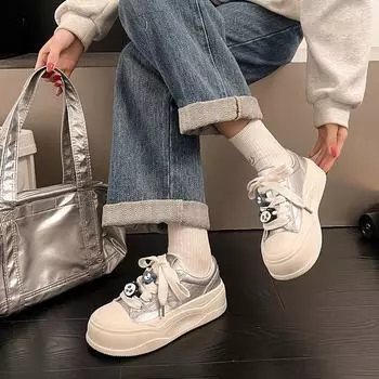 Muffin thick-soled ugly cute little white shoes women s spring 2025 new small height increase casual sports breadboard shoes 35 бежевый