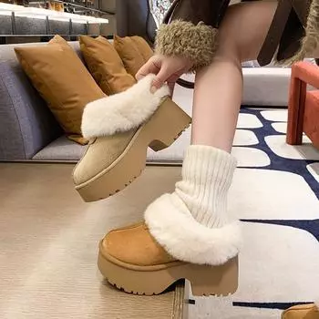 Muffin velvet новые зимние хлопковые тапочки на высоком каблуке женские 2024 верхняя одежда на толстой подошве толстые каблуки мохнатые полутапочки прилив 35 малиновый
