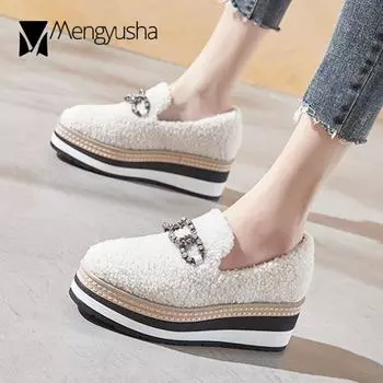 Muffins Crystal chain lambswool flats woman flat platform shoes creepers winter furry shoes women thick soled fur loafers brogue 4.5 чёрный