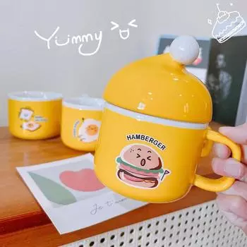 Mug Breakfast Cute Creative Hamburger Ceramic Cup with Lid Toast Fried Egg Cartoon High value Gift 301-400ml