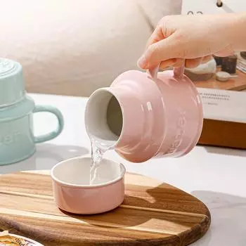 Mug Cute Kettle Shaped Ceramic Cup with Lid Home Office Water Cup The Lid Can Be Used As A Small Cup 420ml кремовый