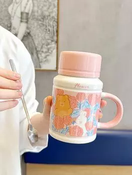 Mug Large Capacity Ceramic Spoon with Lid Small Fresh Cartoon Flower Printing Dyeing Good-looking Exquisite Home Office Kettle 401-500ml