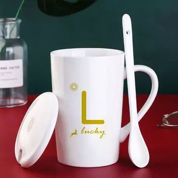 Mug with Lid Spoon Ceramic Cup Opening Practical Gift Souvenir Box Creative Coffee Cup 301-400ml