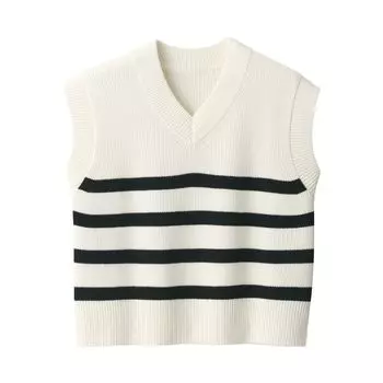 MUJI Моющийся рубчатый короткий жилет BA1ONA4S Молочно-белый с полоской S Женский с V-образным вырезом Женский Женский