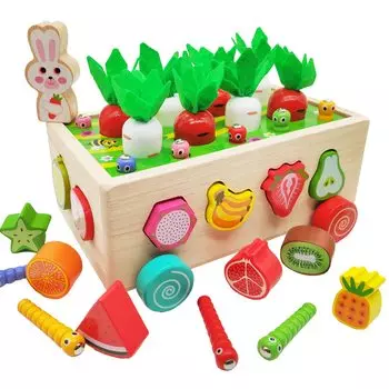 MUJOY Монтессори деревянная развивающая игрушка для игры в редьку, удаления насекомых, распознавания фруктов, раннего развития, сопоставления фигур