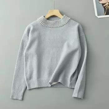 Mujuyuan Однотонная рубашка с длинными рукавами, свободного кроя, мягкая, клейкая, для ношения под низ, с бусинами Light blue S