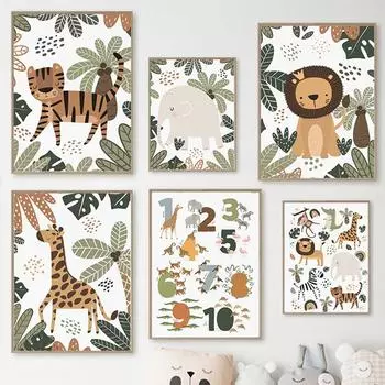 Мультфильм Алфавит 123 Лев Тигр Зебра Обезьяна Детская Плакат Скандинавский Настенный Арт Печать Холст Картина Картины Детская Комната Декор 21x30cm No Framed