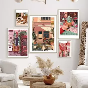 Мультфильм аниме разноцветные абстрактные настенные художественные картины на холсте закат картина плакаты с мороженым и принт детская комната декор интерьера без рамки 21*30cm