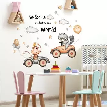 Мультфильм белка обезьяна автомобиль наклейка фон стены украшения комнаты наклейка на стену