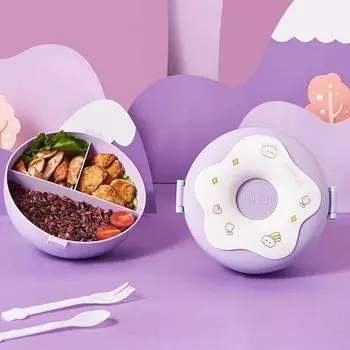 Мультфильм Bento Lunch Box для детей, студенческая коробка для закусок, пончик, герметичный контейнер для ланча с фруктами, вилкой, ложкой, 3 отделениями для микроволновой печи 3&1000ml&1 фиолетовый
