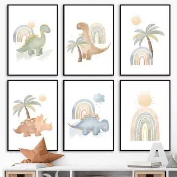 Мультфильм Бохо Динозавр Радуга Солнце Облако Детская Настенная Живопись Холст Картина Скандинавские Плакаты И Принты Картины Декор Детской Комнаты 21x30cm No Framed